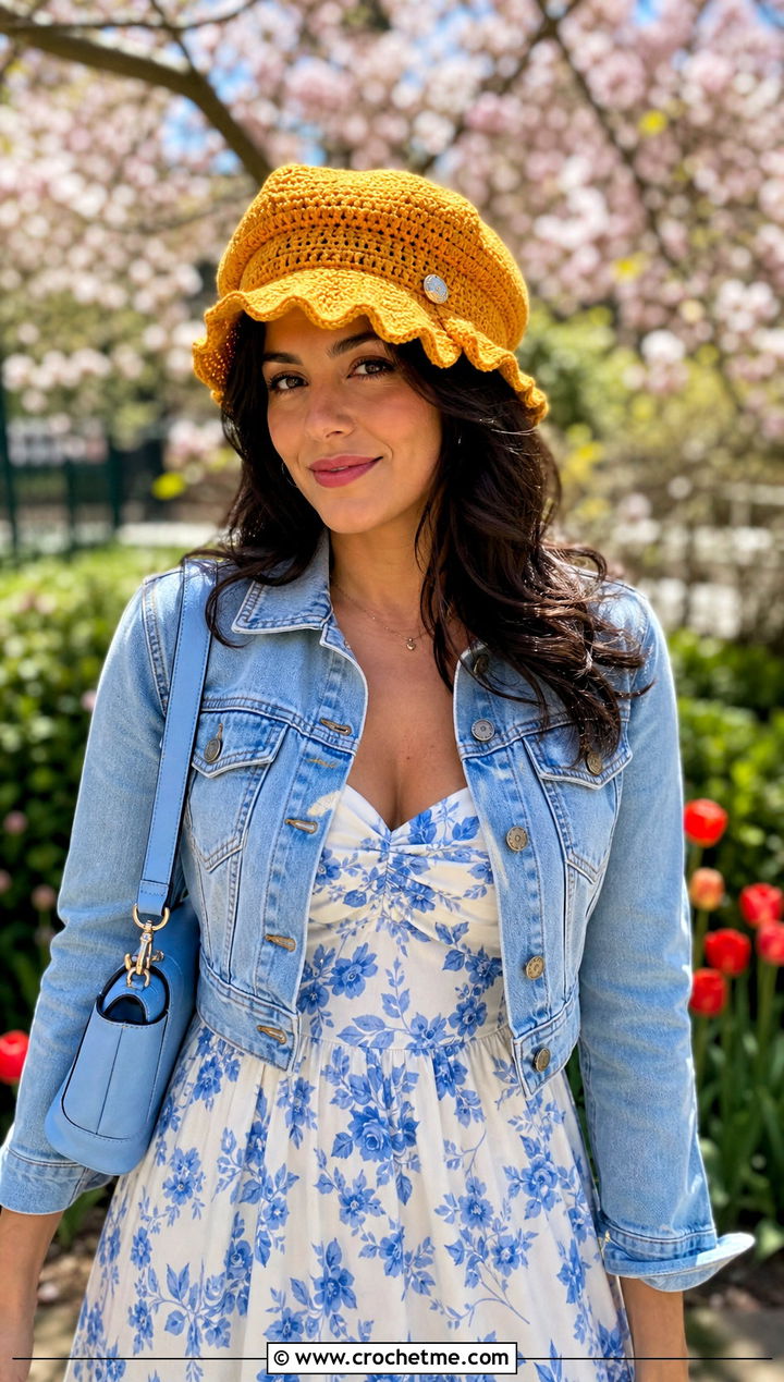 Scalloped Brim Crochet Police Hat With Floral Midi Dress - 30 crochet police hat outfit ideas