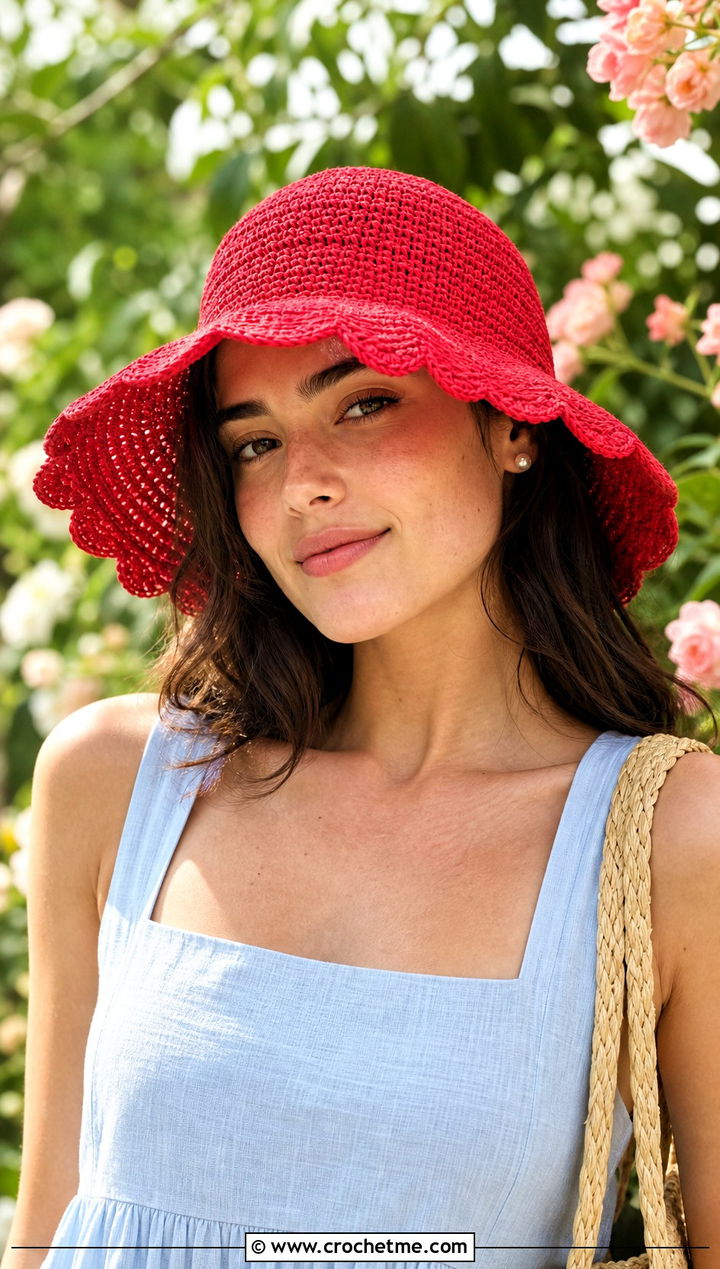 Scalloped Brim Crochet Sun Hat With Sundress - 25 summer crochet sun hat outfit ideas