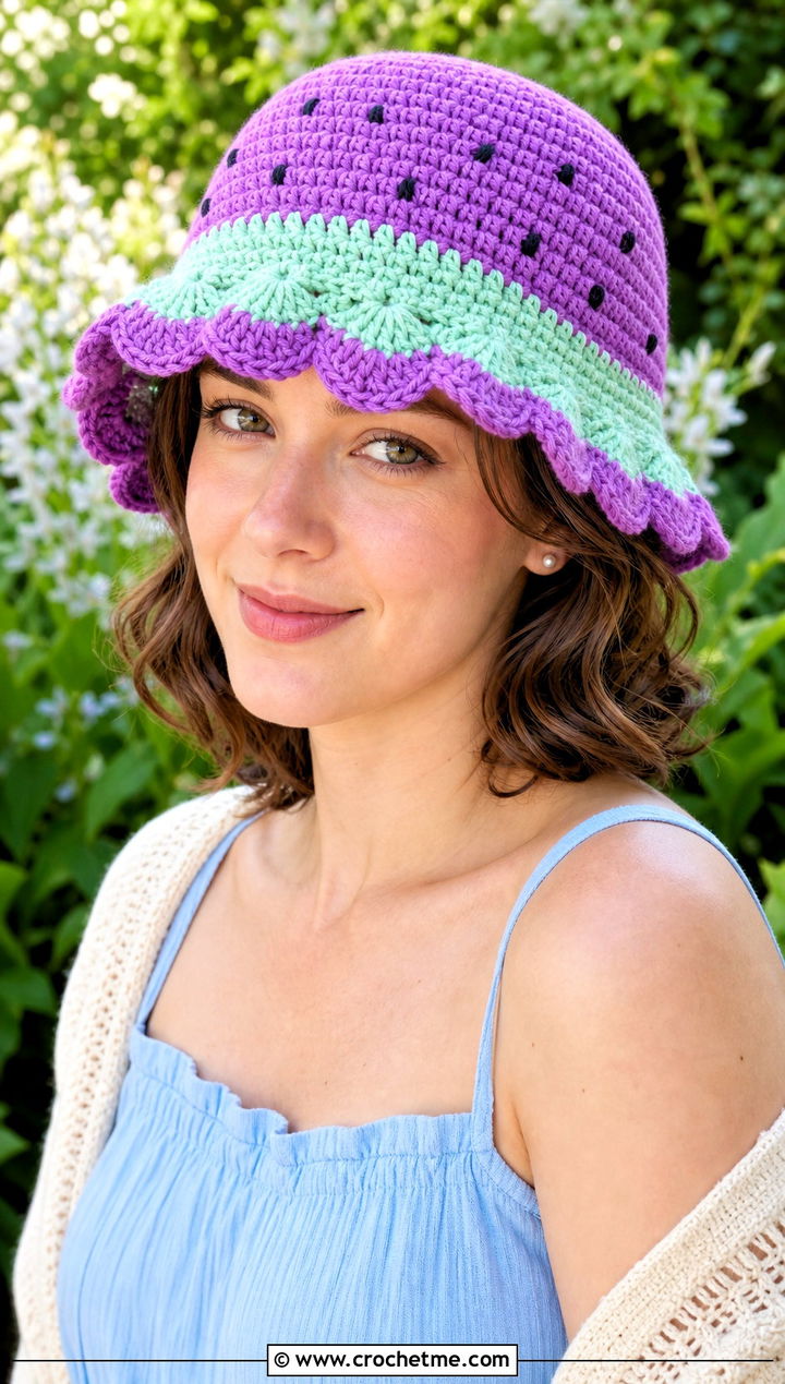 Scalloped Brim Crochet Watermelon Bucket Hat With Sundress And Sandals - 30 crochet watermelon bucket hat outfit ideas