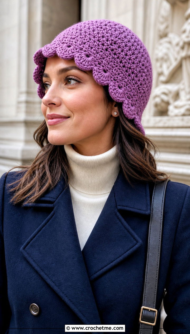 Scalloped Brim Crocheted Stocking Cap With Peacoat And Pleated Skirt - 15 Crocheted Stocking Cap outfit ideas