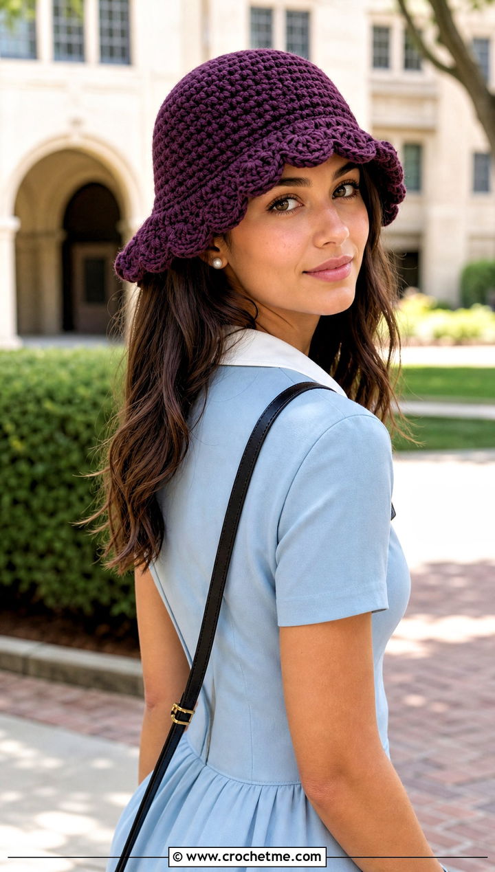 Scalloped Brim Double Crochet Bucket Hat With Mini Dress And Loafers - 25 Double Crochet Bucket Hat outfit ideas