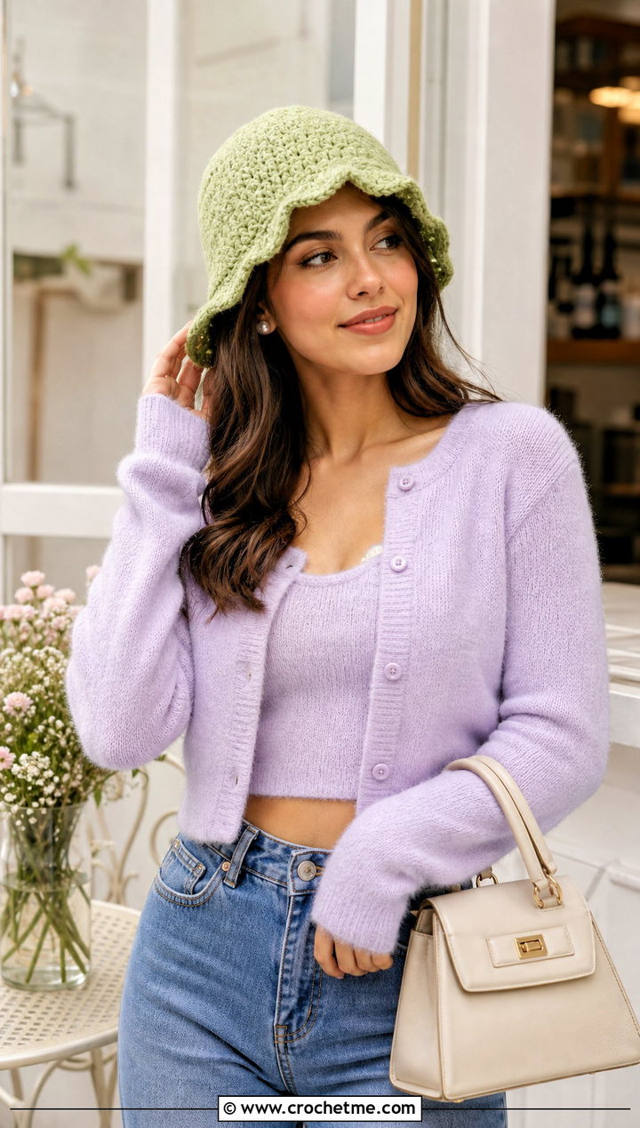 Scalloped Brim Fuzzy Crochet Bucket Hat With Cardigan Set - 25 fuzzy crochet bucket hat outfit ideas