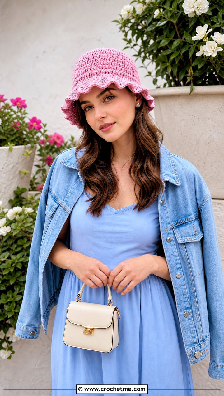 Scalloped Brim Granny Bucket Hat With Midi Dress And Sandals - 25 granny crochet bucket hat outfit ideas