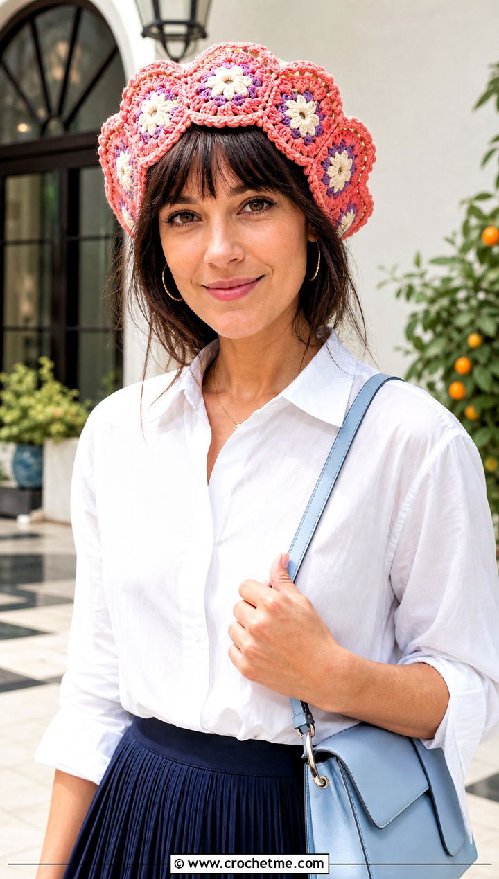Scalloped Brim Granny Square Beret With Blouse And Skirt - 25 Granny Square Beret outfit ideas