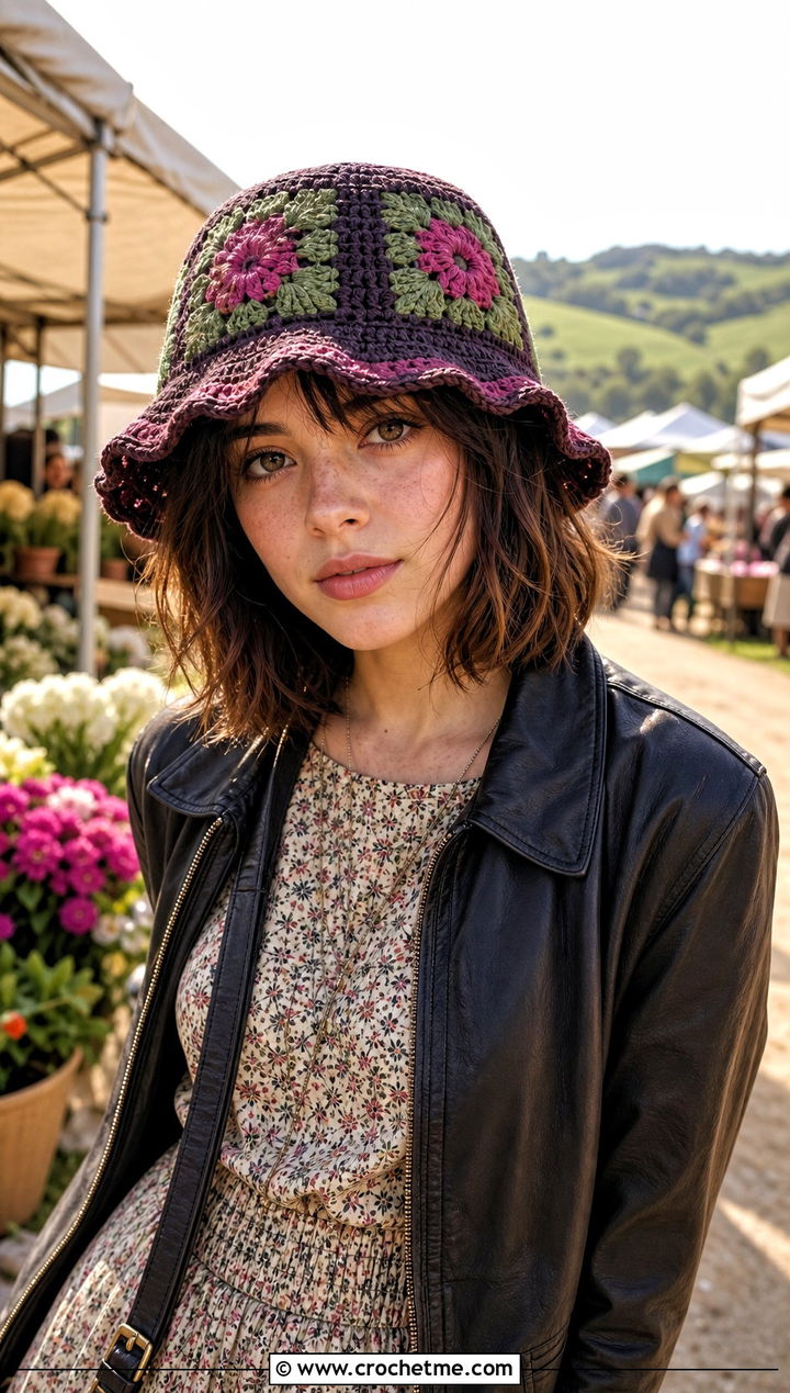 Scalloped Brim Granny Square Crochet Bucket Hat With Prairie Dress - 35 granny square crochet bucket hat outfit ideas