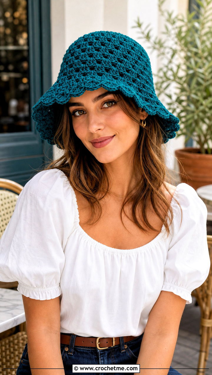 Scalloped Brim Granny Stitch Bucket Hat With Blouse And Jeans - 30 crochet granny stitch bucket hat outfit ideas