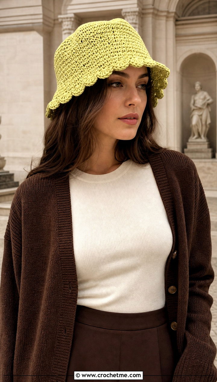 Scalloped Brim Lemon Crochet Bucket Hat With Midi Skirt - 25 Lemon Crochet Bucket Hat outfit ideas