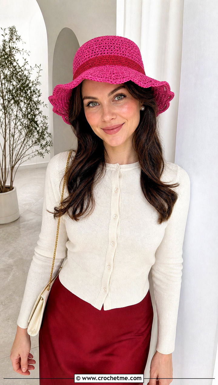 Scalloped Brim Luffy Crochet Straw Hat With Cardigan And Satin Skirt - 25 luffy crochet straw hat outfit ideas