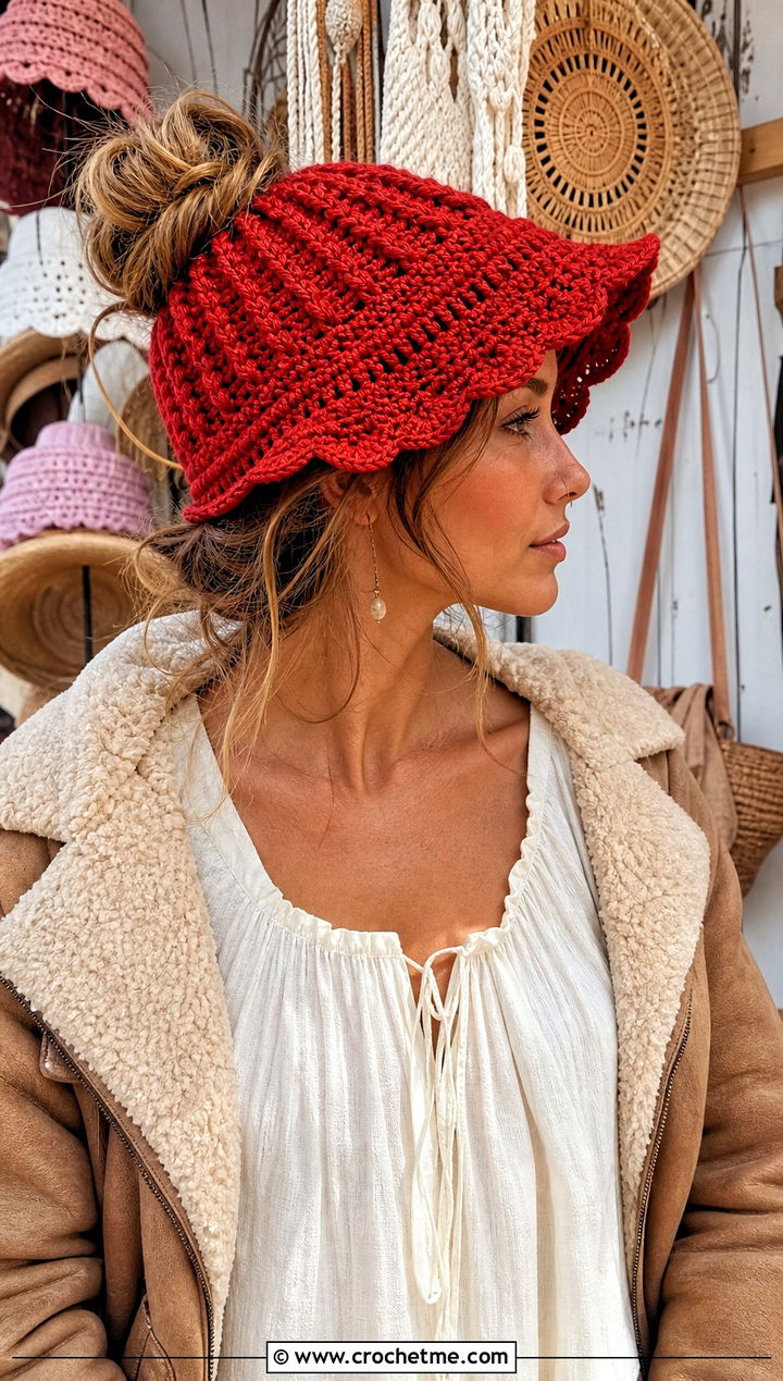 Scalloped Brim Messy Bun Crochet Hat With Boho Outfit - 25 messy bun crochet hat with hair tie outfit ideas