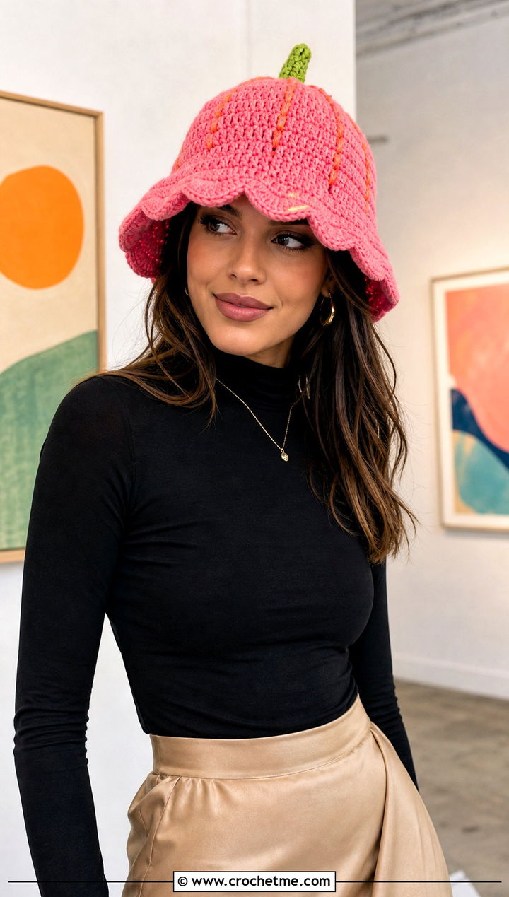Scalloped Brim Pumpkin Bucket Hat With Midi Skirt - 30 crochet pumpkin bucket hat outfit ideas