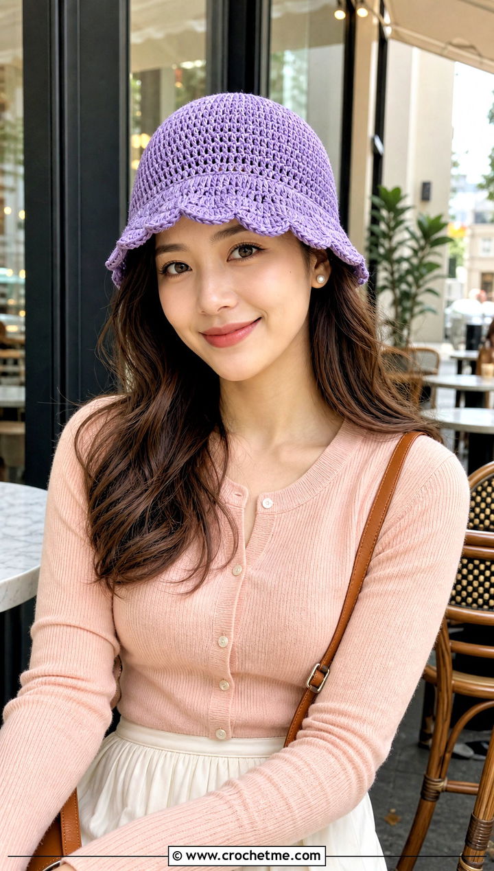 Scalloped Brim Purple Crochet Bucket Hat With Cardigan And Midi Skirt - 30 purple crochet bucket hat outfit ideas