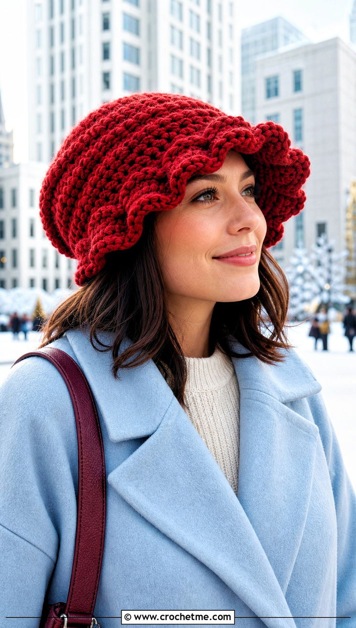 Scalloped Brim Slouch Crochet Hat With Wrap Coat - 30 slouch crochet hat outfit ideas