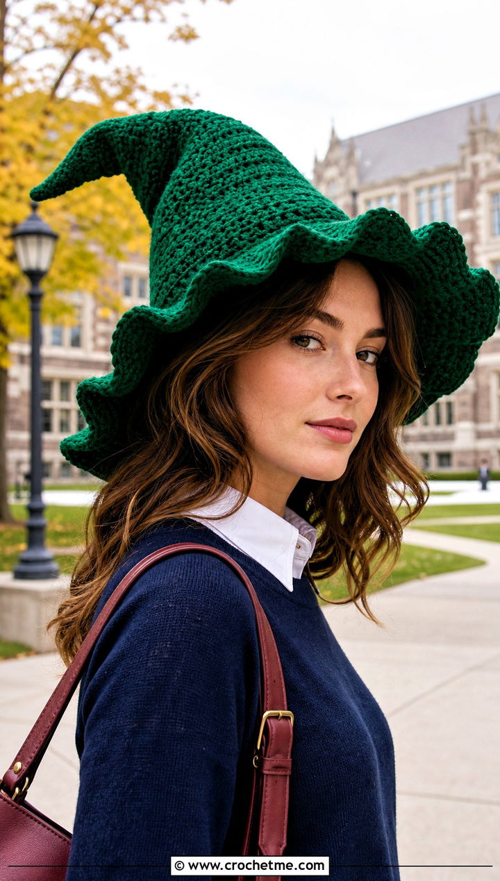 Scalloped Brim Slouchy Crochet Witch Hat With Preppy Outfit - 30 slouchy crochet witch hat outfit ideas