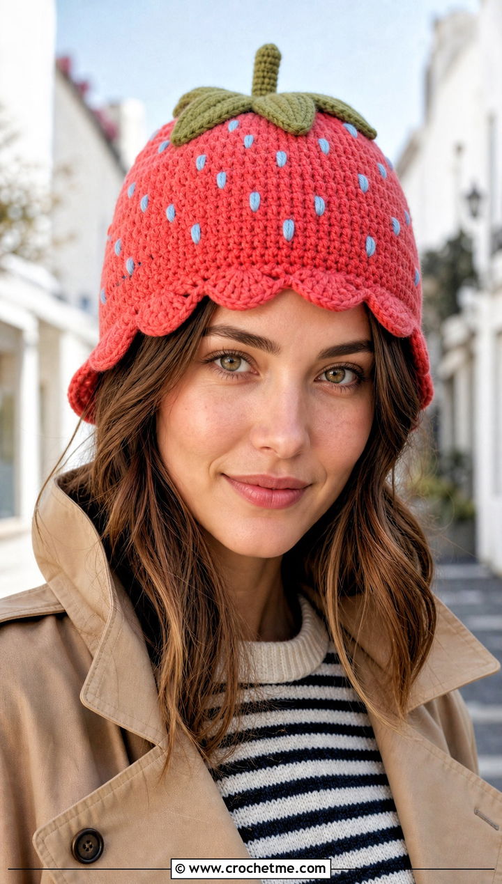 Scalloped Brim Strawberry Beanie With Trench Coat - 30 Crochet Strawberry Beanie outfit ideas