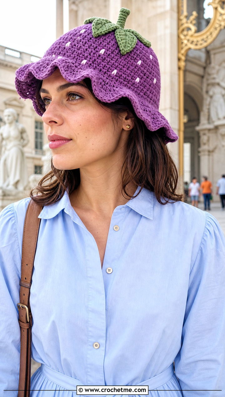 Scalloped Brim Strawberry Crochet Hat With Shirt Dress - 30 strawberry crochet hat outfit ideas