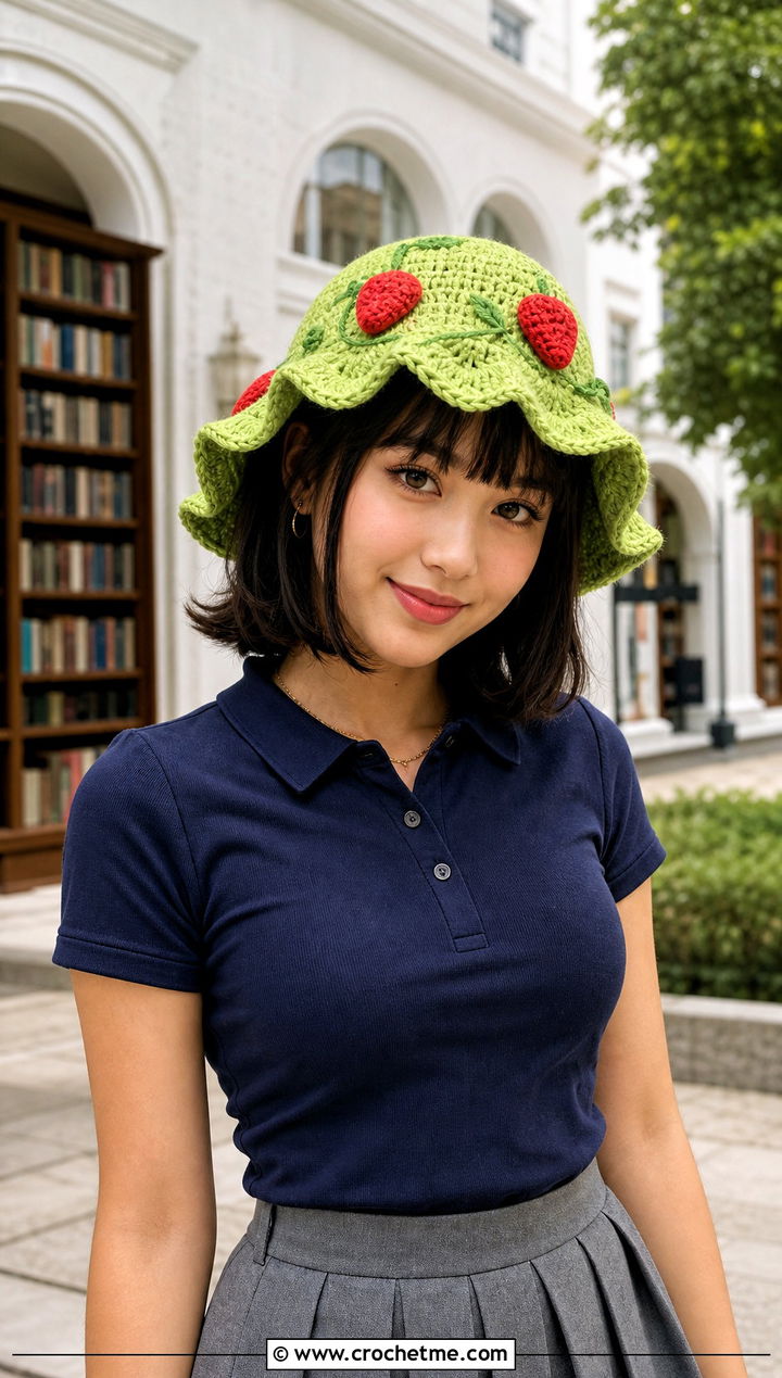 Scalloped Brim Strawberry Shortcake Hat With Pleated Skirt - 30 crochet strawberry shortcake hat outfit ideas