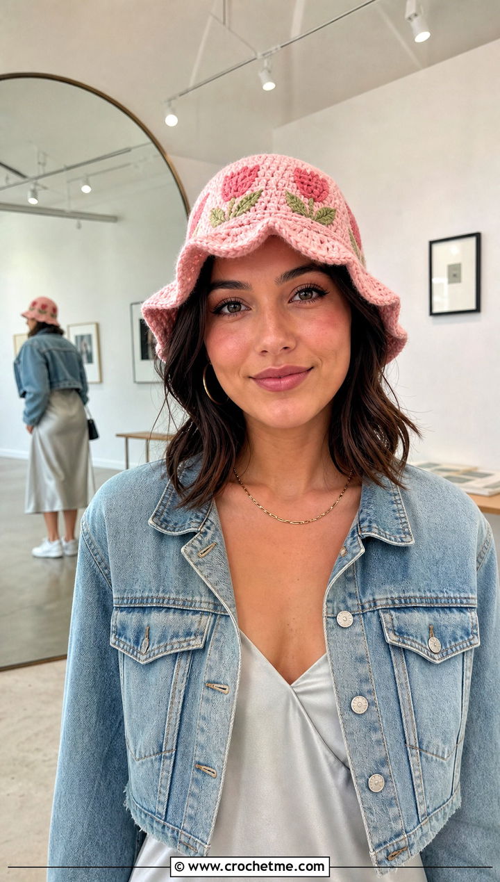 Scalloped Brim Tulip Hat With Slip Dress And Sneakers - 30 crochet tulip hat outfit ideas