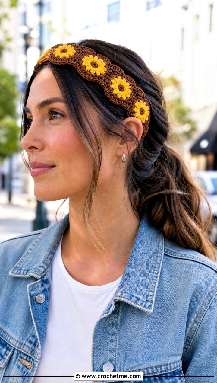 Scalloped Brown Crochet Daisy Headband With Denim Jacket - 15 brown crochet headband with flower outfit ideas