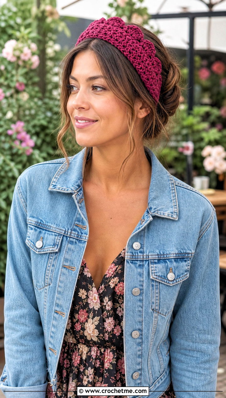 Scalloped Bulky Yarn Crochet Headband With Floral Midi Dress - 25 bulky yarn crochet headband outfit ideas