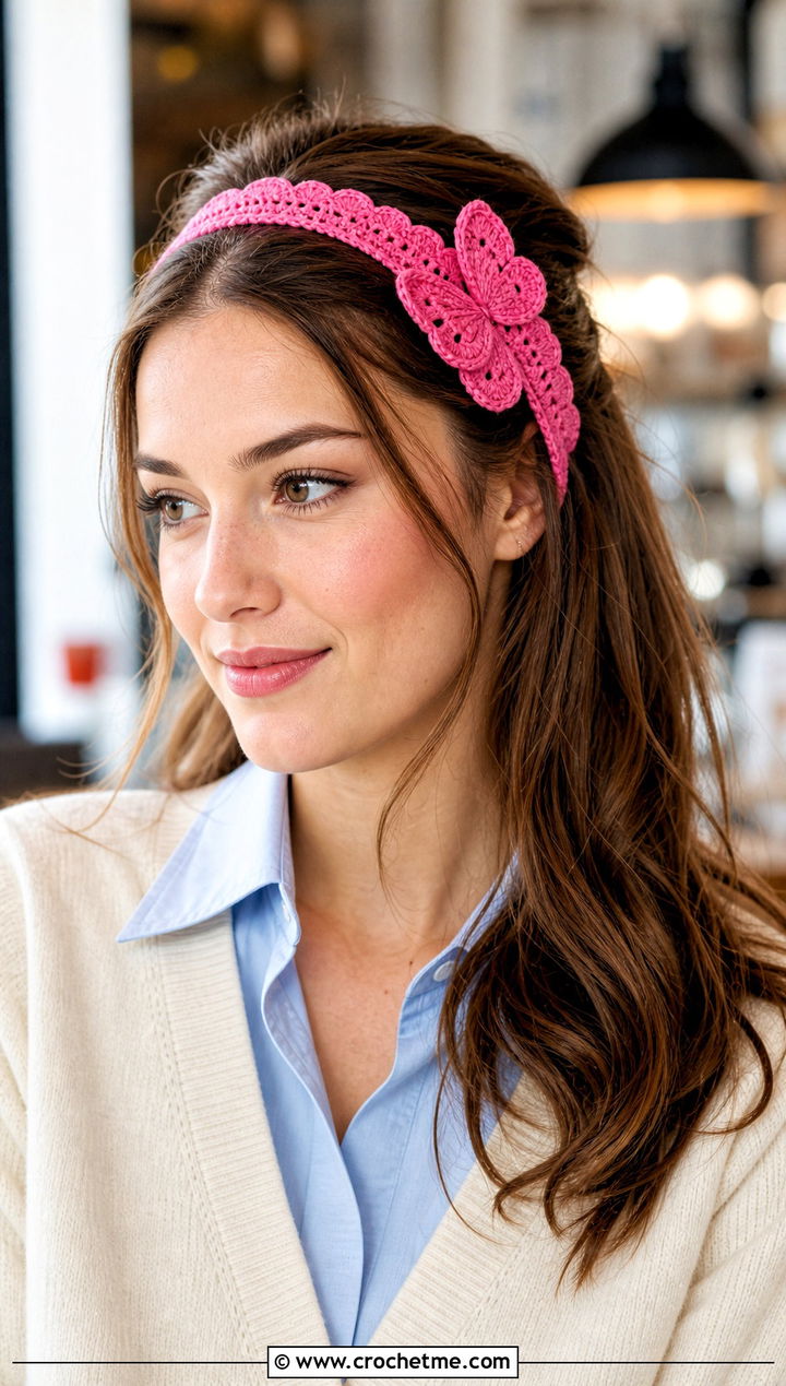 Scalloped Butterfly Crochet Headband With Preppy Cardigan - 15 crochet butterfly headband outfit ideas