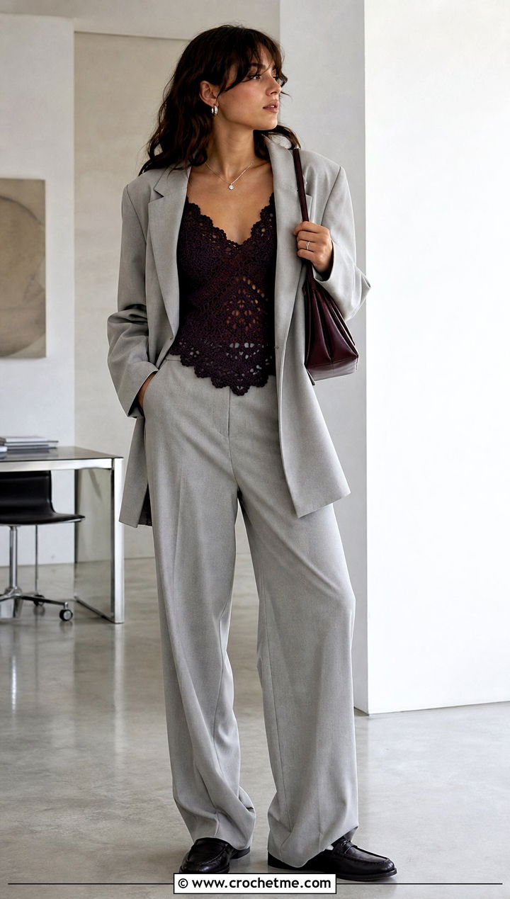 Scalloped Camisole Crochet Fairy Grunge Top With Oversized Suit - 20 Crochet Fairy Grunge Top outfit ideas
