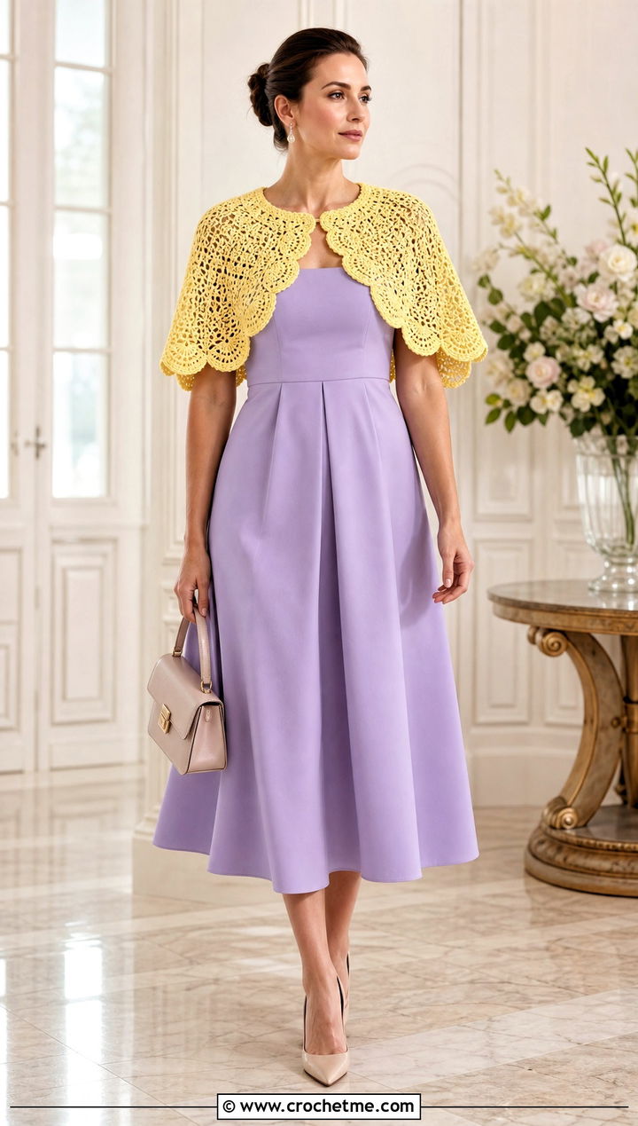Scalloped Capelet Crochet Wedding Bolero With Strapless Midi Dress - 25 Crochet Wedding Bolero outfit ideas