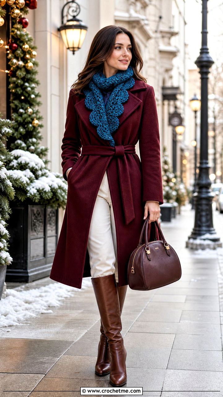 Scalloped Chunky Crochet Scarf With Wrap Coat - 35 chunky crochet scarf outfit ideas