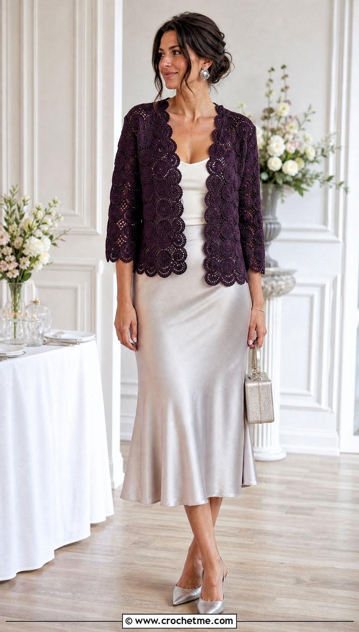 Scalloped Circle Cardigan With Satin Midi Skirt - 30 crochet circle cardigan outfit ideas