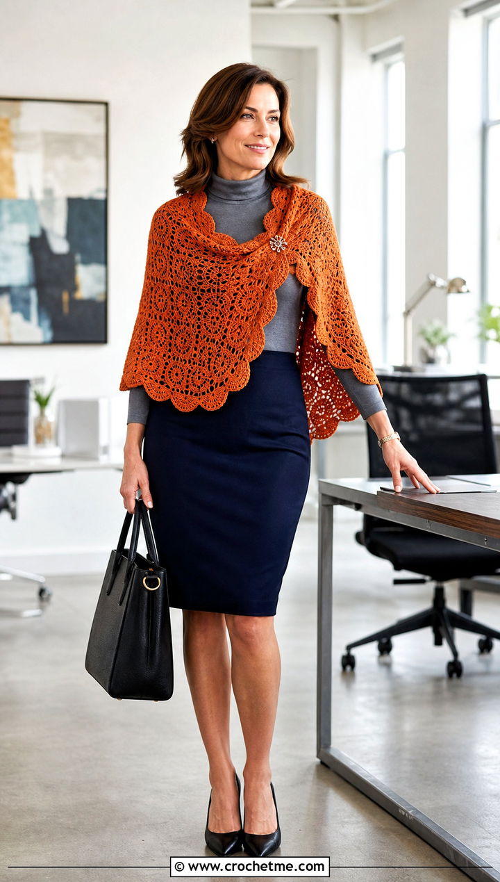 Scalloped Circle Crochet Shawl With Pencil Skirt - 20 Circle Crochet Shawl outfit ideas