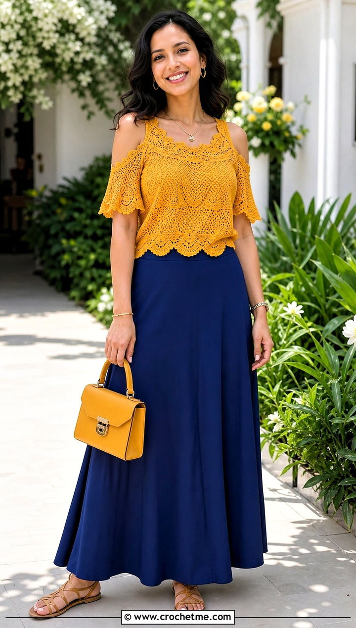 Scalloped Cold Shoulder Crochet Top With A Line Maxi Skirt - 25 Cold Shoulder Crochet Top outfit ideas