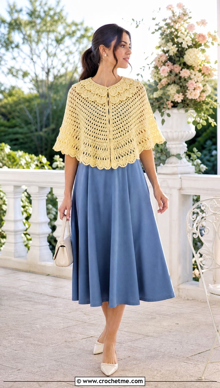 Scalloped Collar Crochet Poncho With Tea Length Skirt - 25 Crochet Poncho With Collar outfit ideas