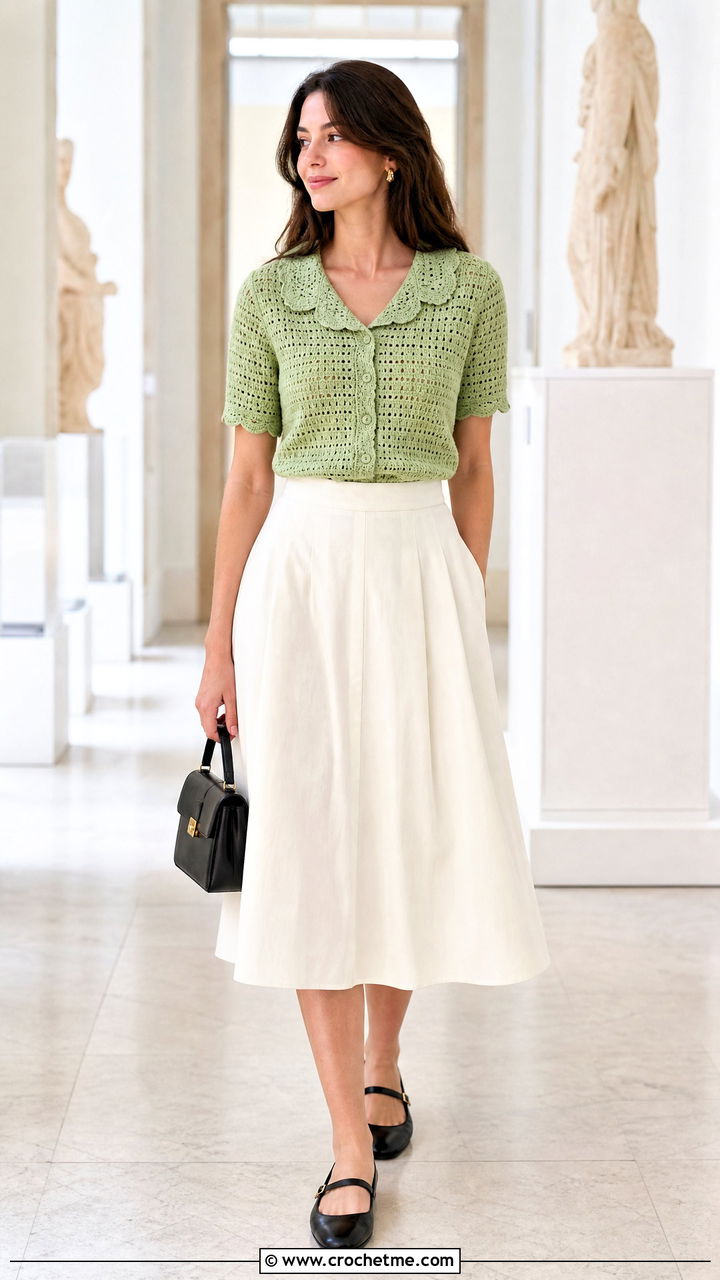 Scalloped Collar Crochet Shirt With A Line Midi Skirt - 35 crochet collared shirt outfit ideas