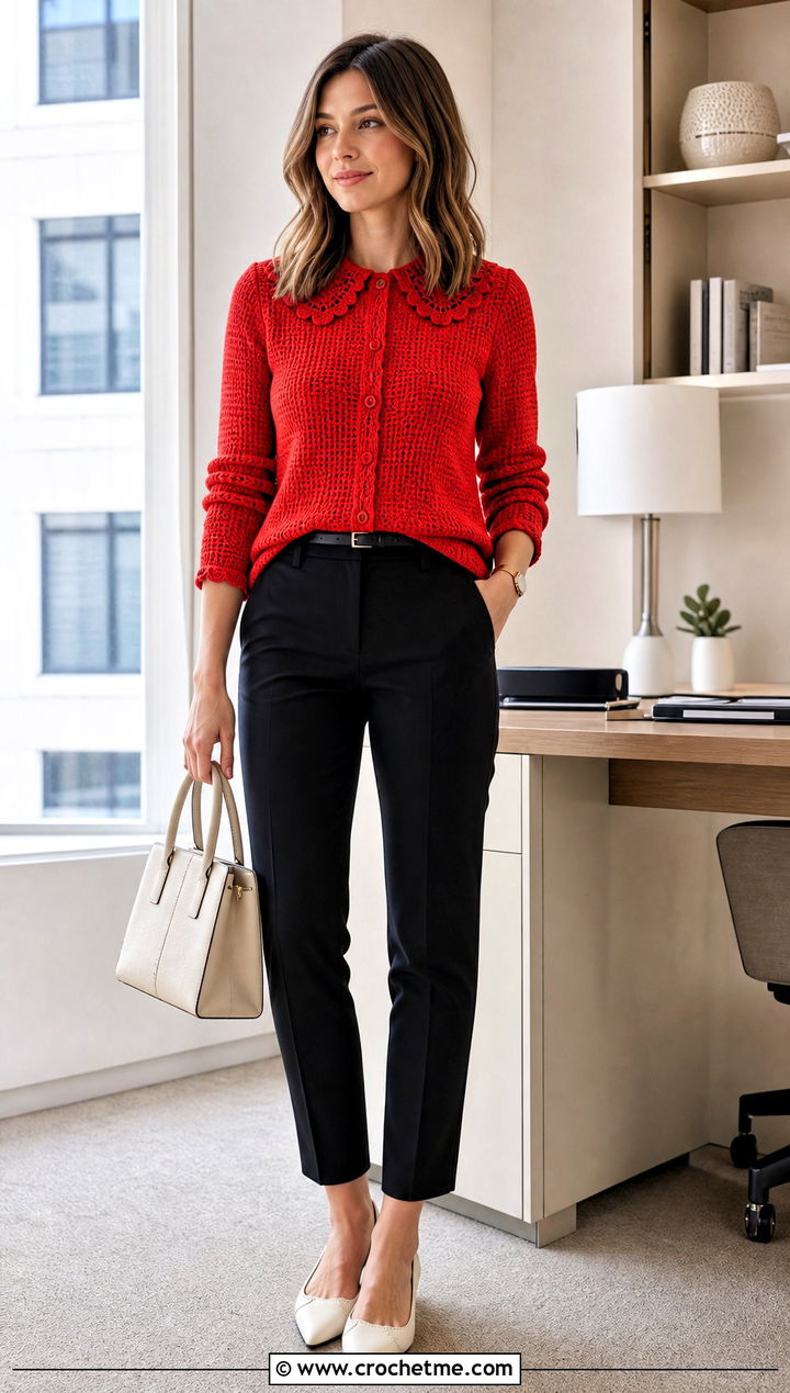 Scalloped Collar Crochet Sweater With Cigarette Pants - 25 vintage crochet sweater outfit ideas