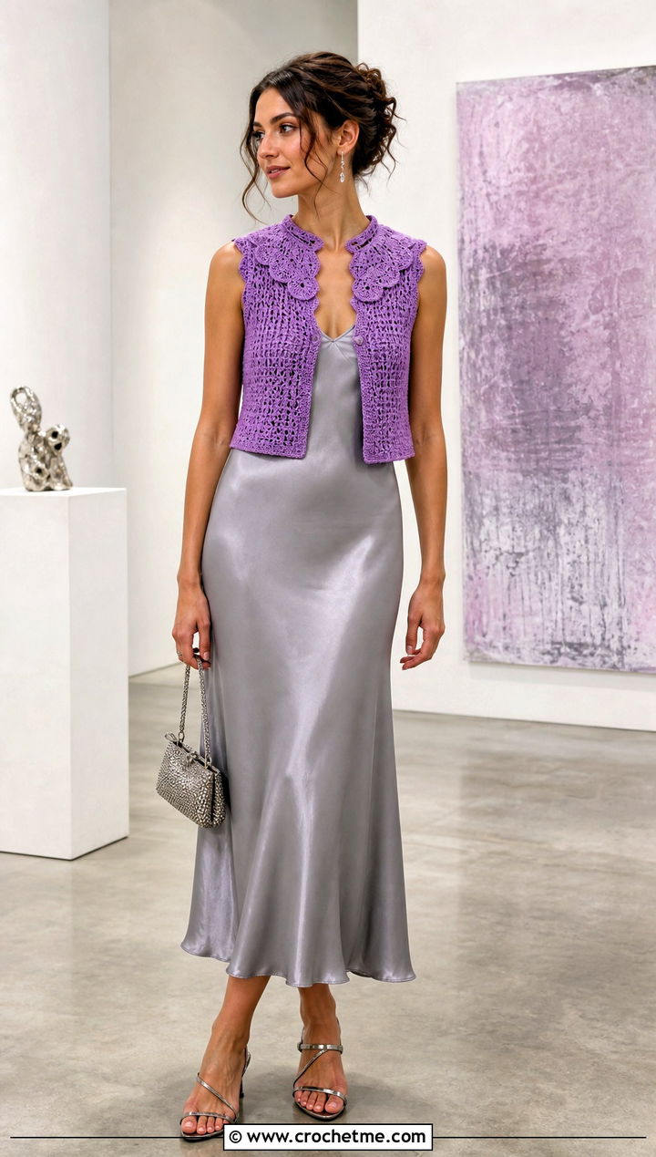 Scalloped Collar Crochet Vest With Satin Slip Dress - 25 crochet vest with collar outfit ideas