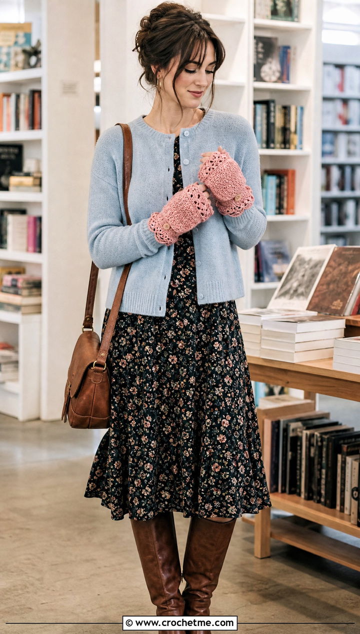 Scalloped Convertible Gloves With Cardigan and Floral Dress - 20 Convertible Crochet Gloves outfit ideas