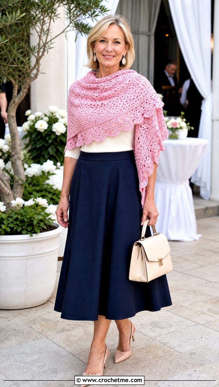 Scalloped Crescent Crochet Shawl With Midi Skirt - 25 Crescent Crochet Shawl outfit ideas