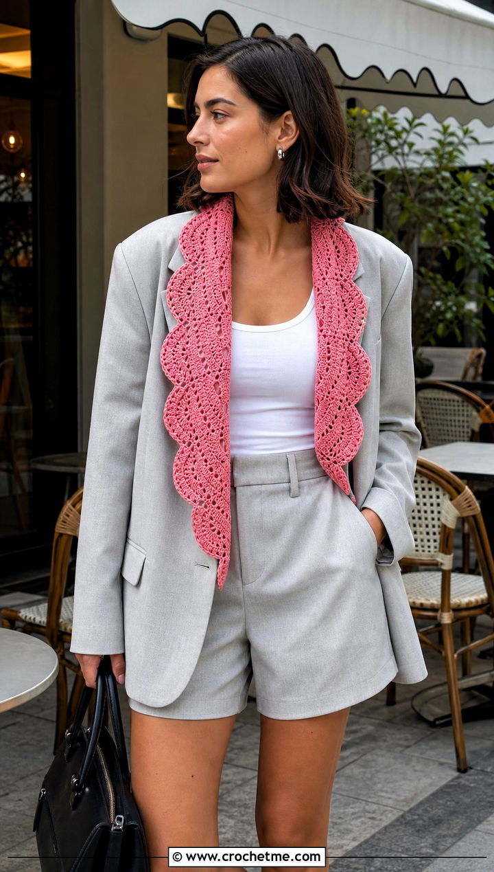 Scalloped Crescent Shawl With Blazer And Shorts - 30 boho crochet shawl outfit ideas