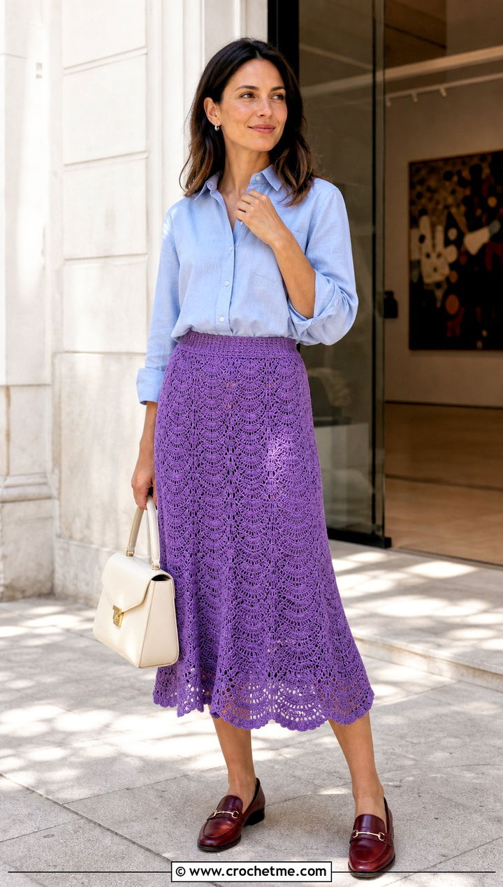 Scalloped Crochet A Line Skirt With Button Down Shirt - 15 Vintage Crochet Skirt outfit ideas