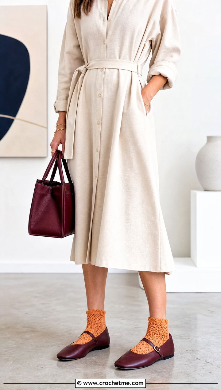Scalloped Crochet Ankle Socks With Shirt Dress And Mary Janes - 25 Quick Crochet Socks outfit ideas