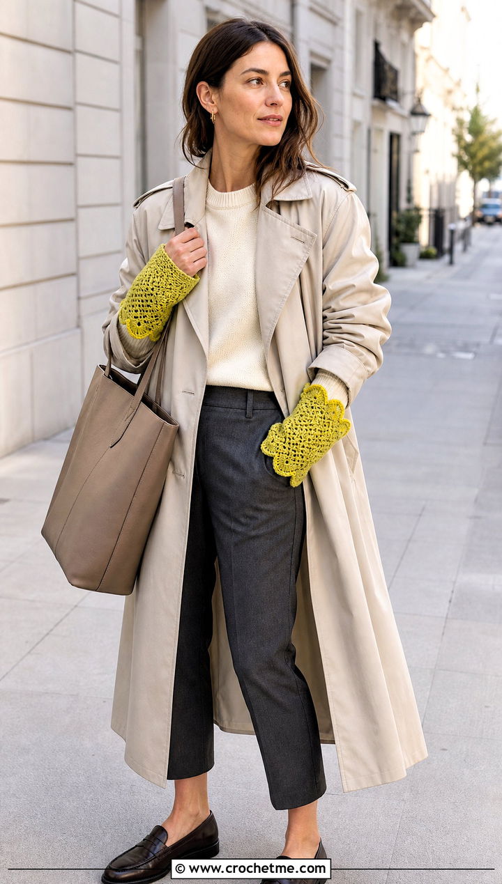 Scalloped Crochet Arm Warmers With Trench Coat And Loafers - 25 Crochet Arm Warmer outfit ideas