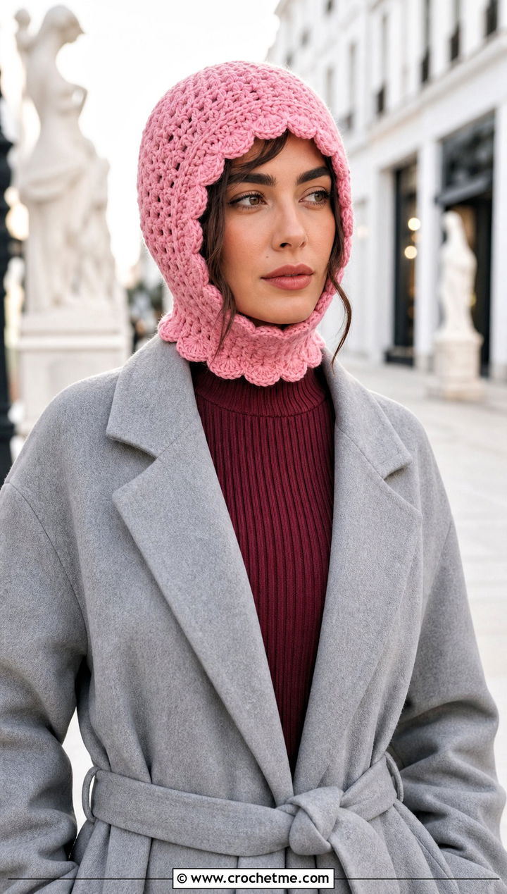 Scalloped Crochet Balaclava Beanie With Midi Dress - 25 crochet balaclava beanie outfit ideas