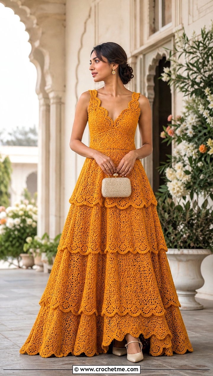 Scalloped Crochet Ball Gown With Mary Jane Heels - 30 crochet ball gown dress outfit ideas