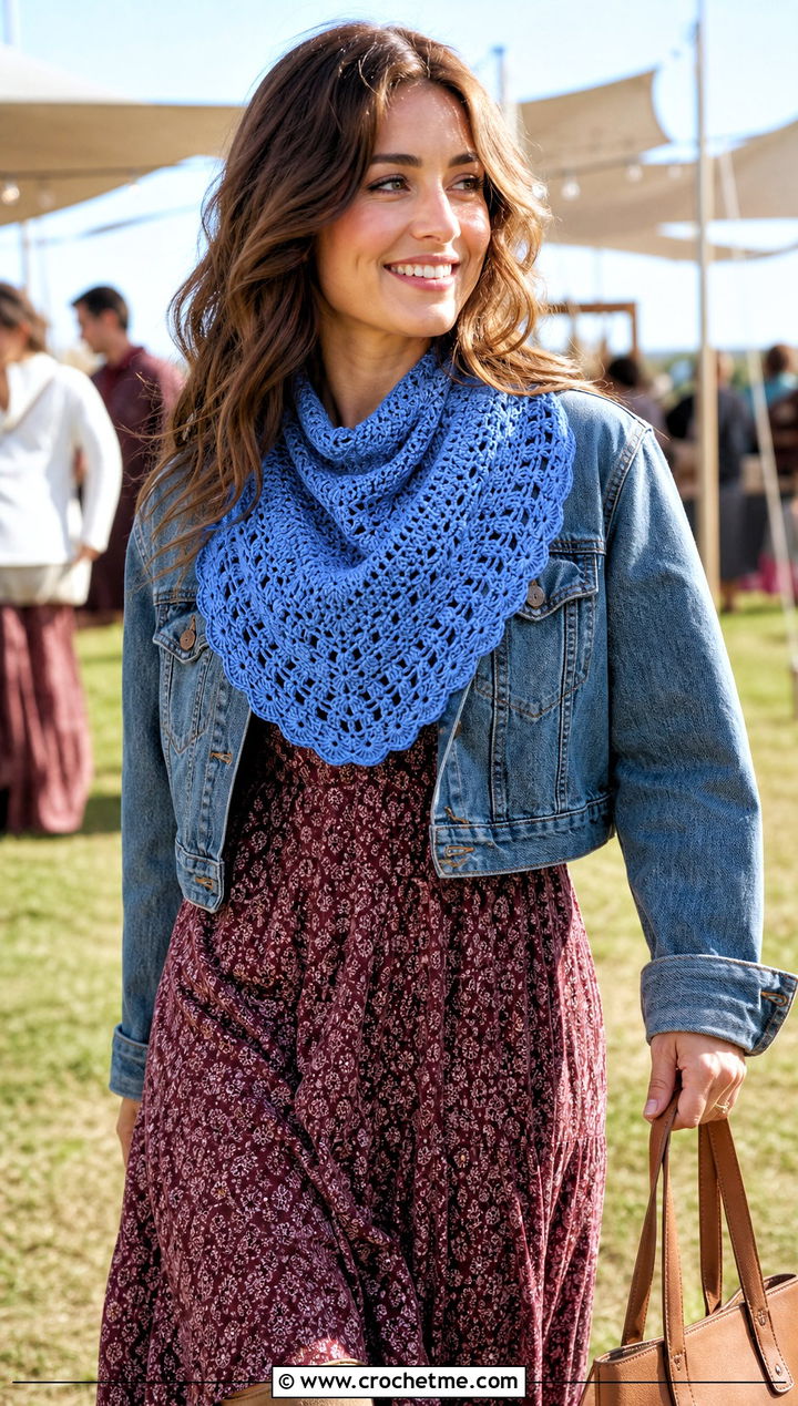 Scalloped Crochet Bandana Cowl With Prairie Dress - 30 crochet bandana cowl outfit ideas