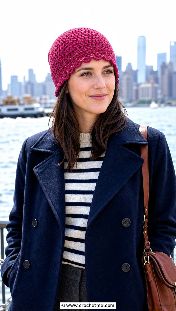 Scalloped Crochet Beanie With Peacoat - 25 Women Crochet Beanie outfit ideas