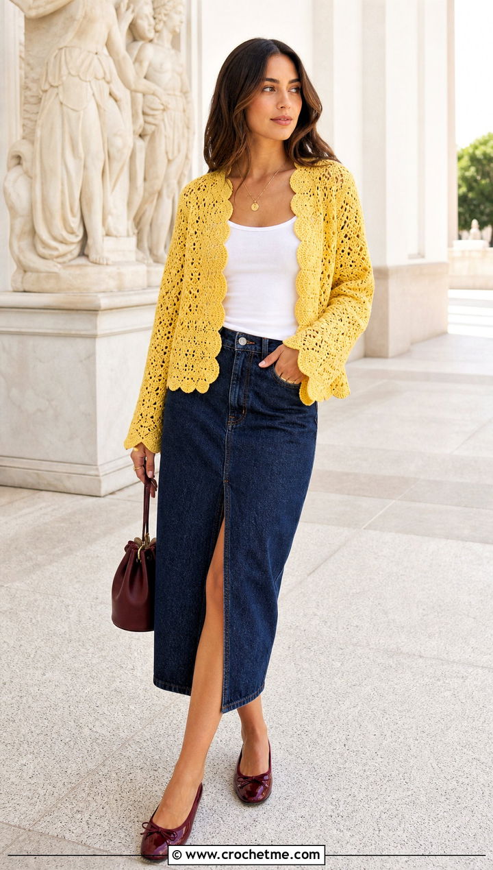 Scalloped Crochet Bed Jacket With Denim Midi Skirt - 25 Crochet Bed Jackets outfit ideas