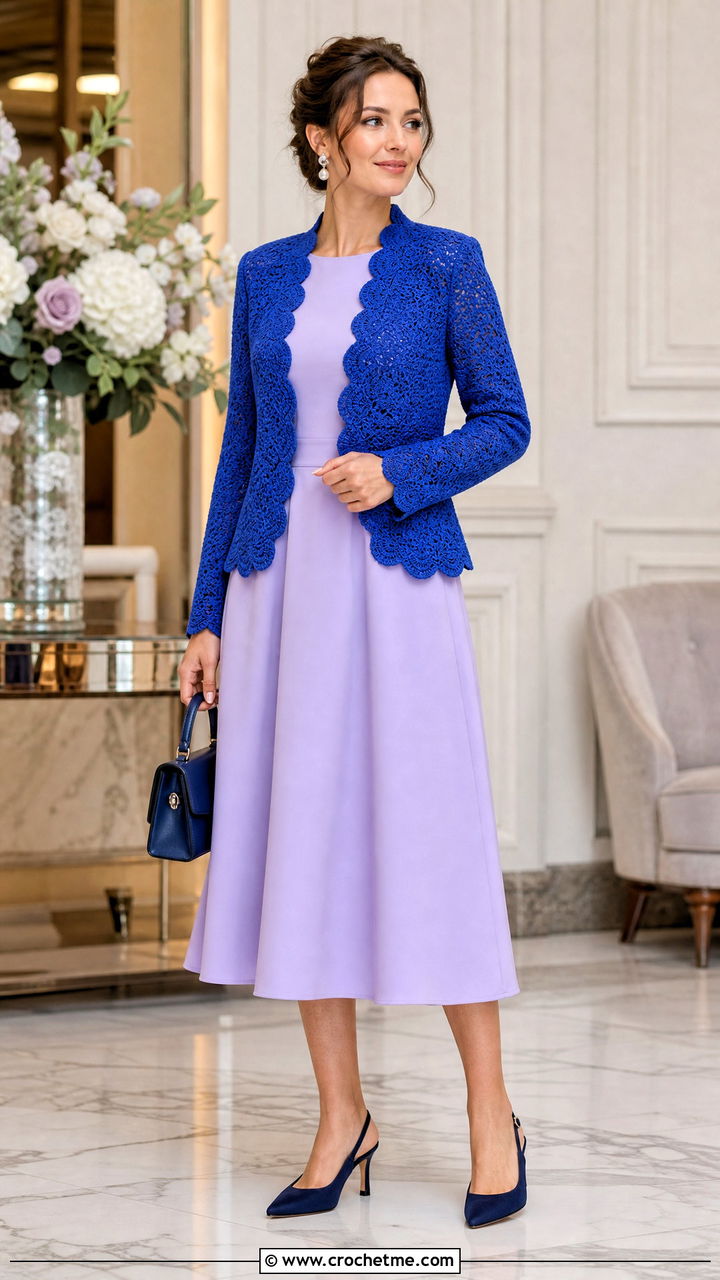 Scalloped Crochet Blazer With A Line Dress - 35 crochet blazer outfit ideas