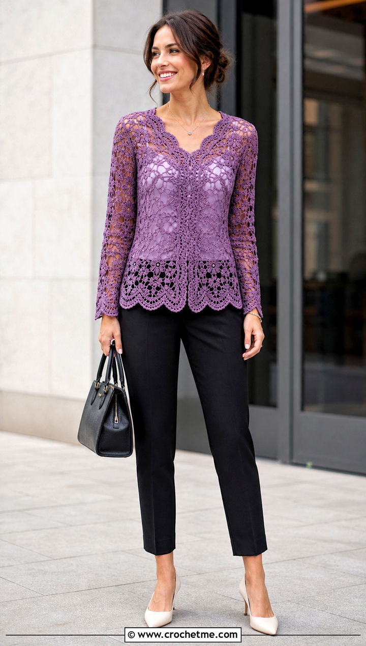 Scalloped Crochet Blouse Top With Camisole And Cigarette Pants - 35 crochet layering top outfit ideas