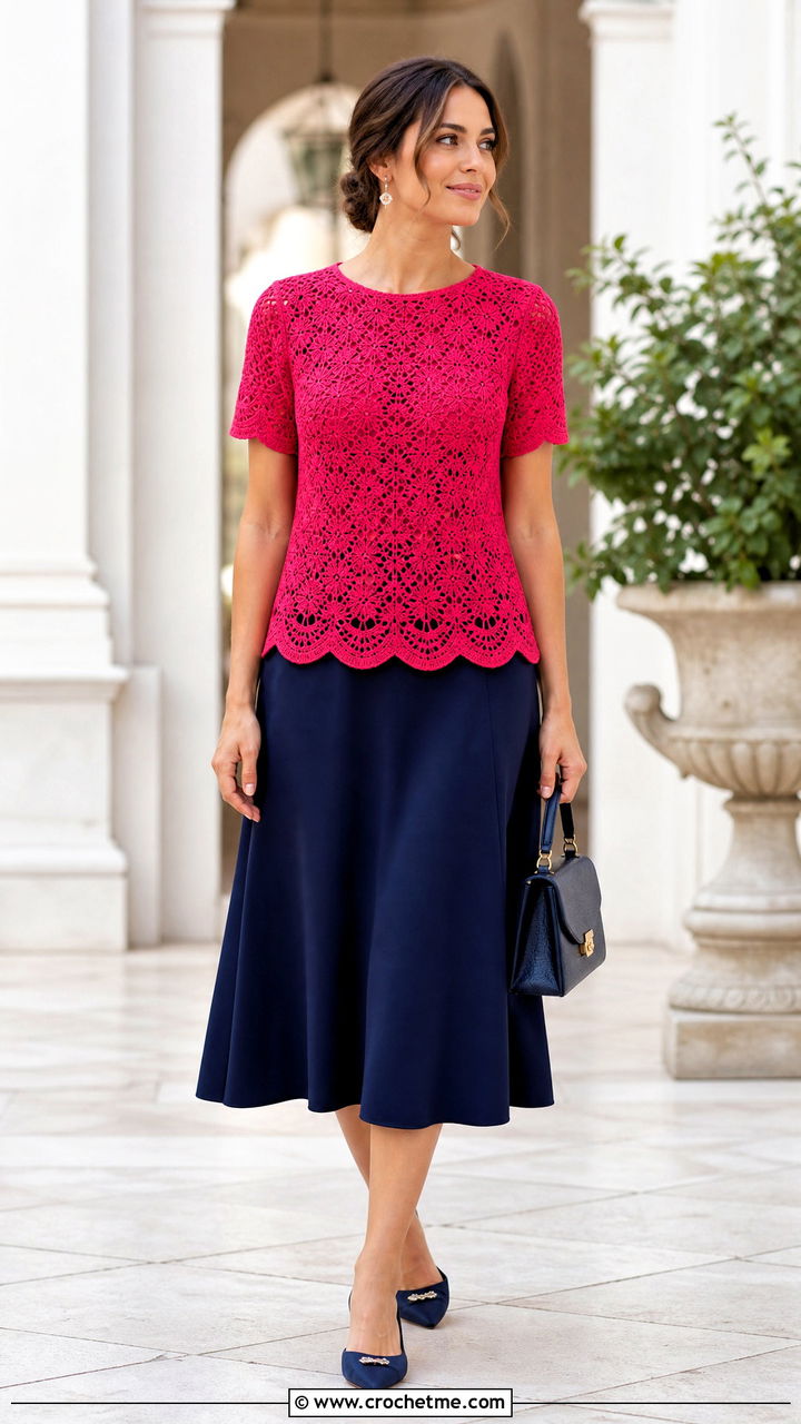 Scalloped Crochet Blouse With A Line Skirt - 35 crochet blouse outfit ideas