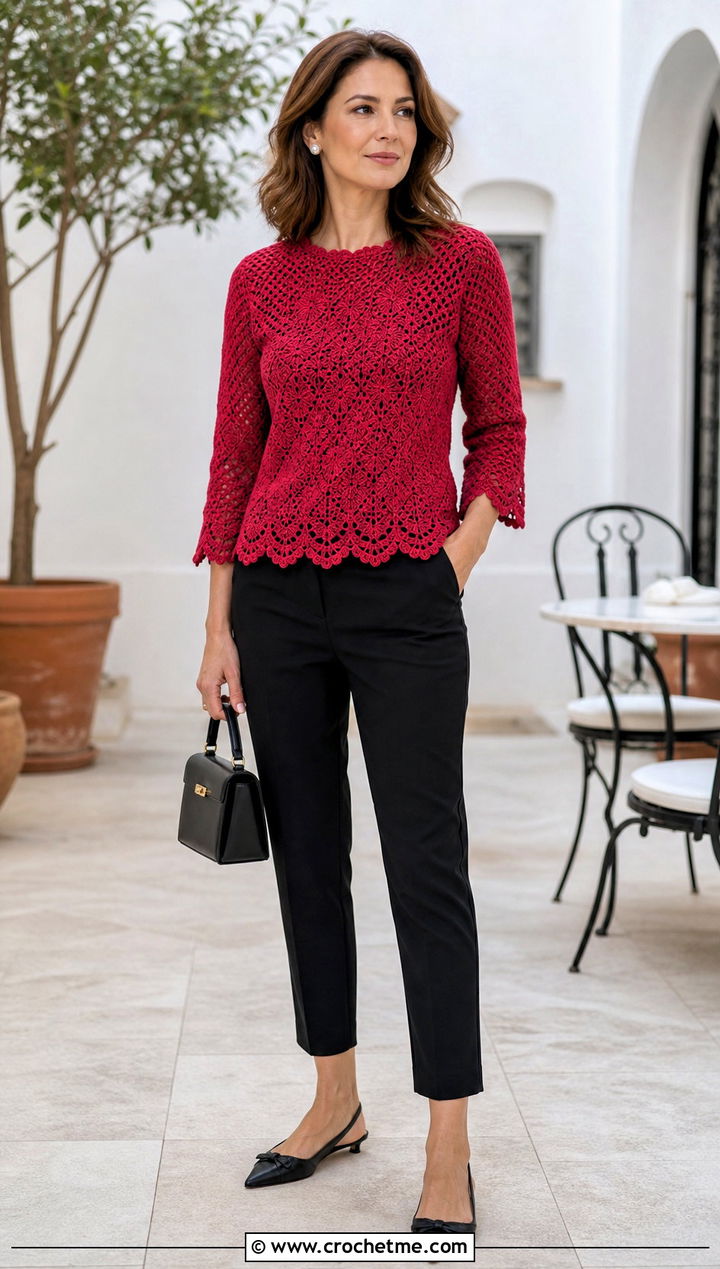 Scalloped Crochet Blouse With Cropped Cigarette Pants - 25 vintage crochet top outfit ideas
