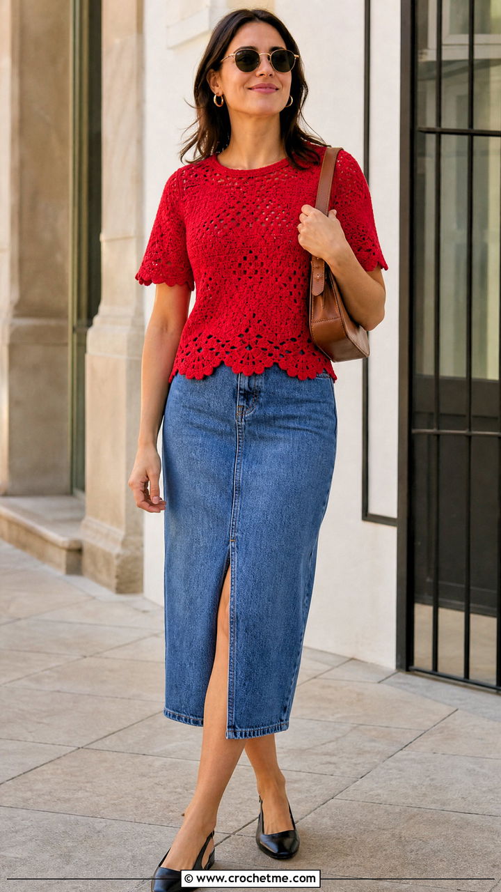 Scalloped Crochet Blouse With Denim Midi Skirt - 35 crochet blouse for women outfit ideas